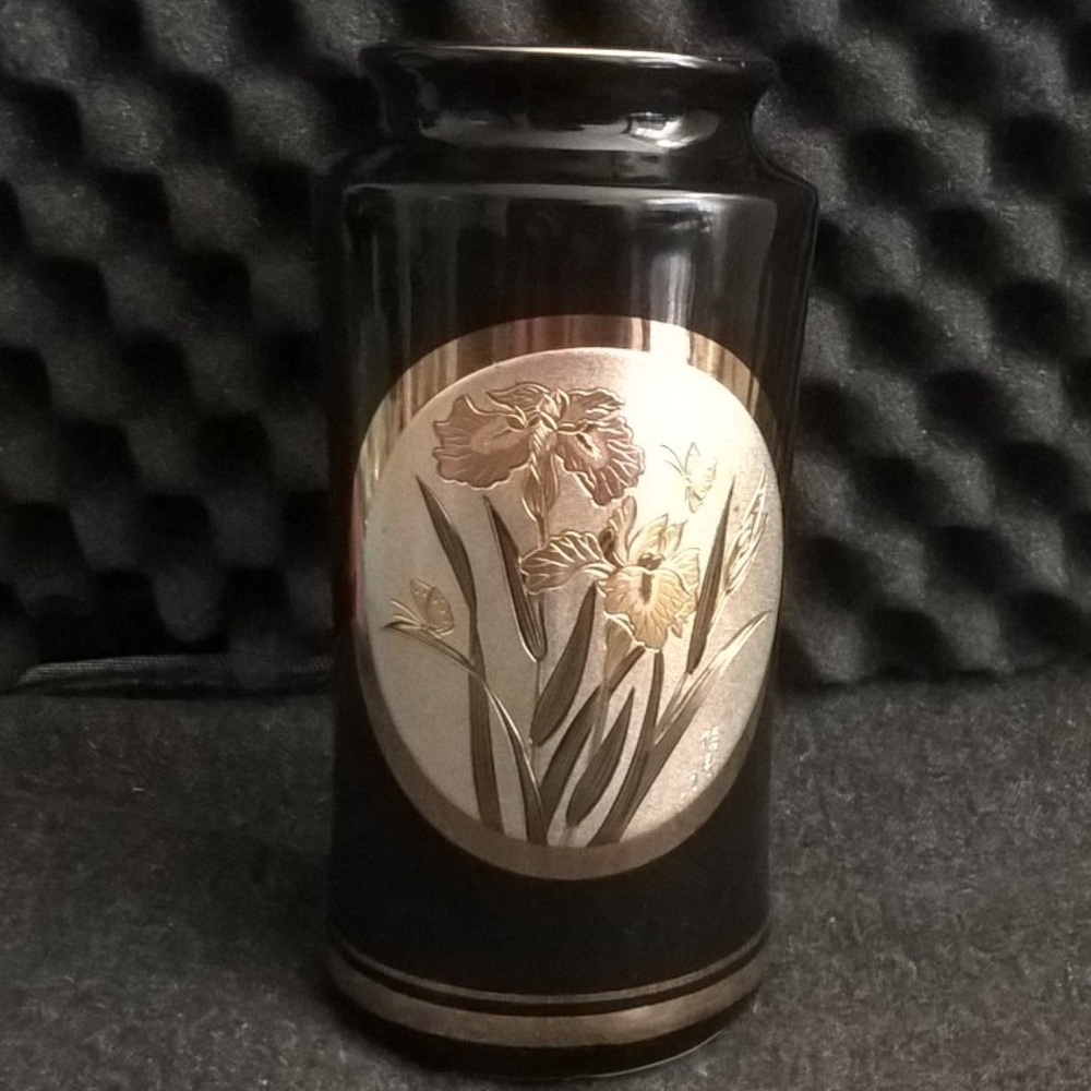 Original Art of Chokin Black Floral Butterfly Vase
